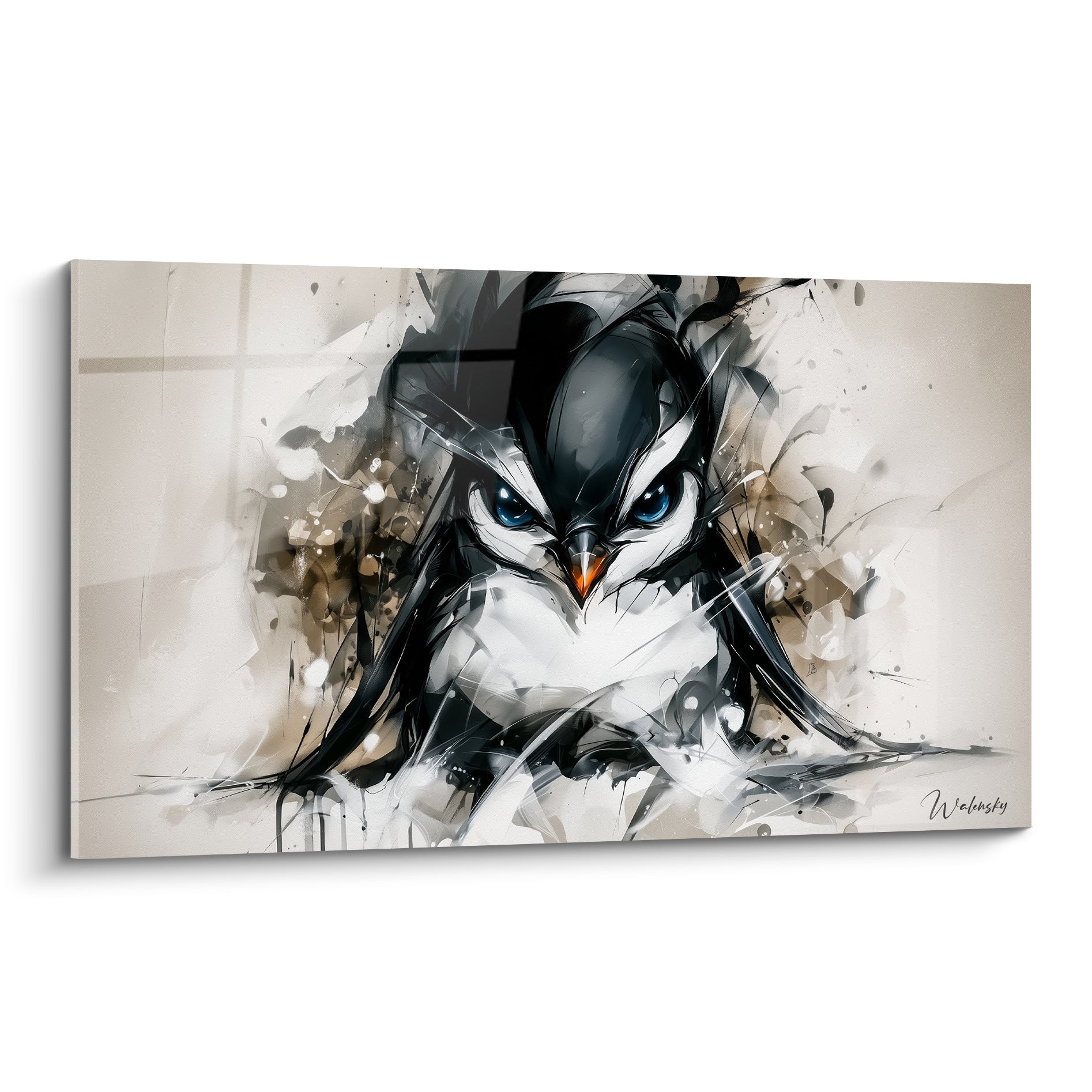 Pingouin au regard bleu perçant, plumage noir et blanc éclaté sur fond beige texturé