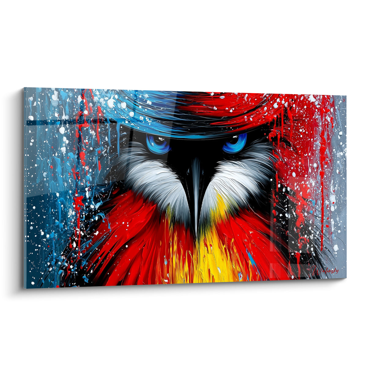 Pingouin stylisé aux yeux bleu électrique, plumage rouge et jaune éclaboussé sur fond gris.