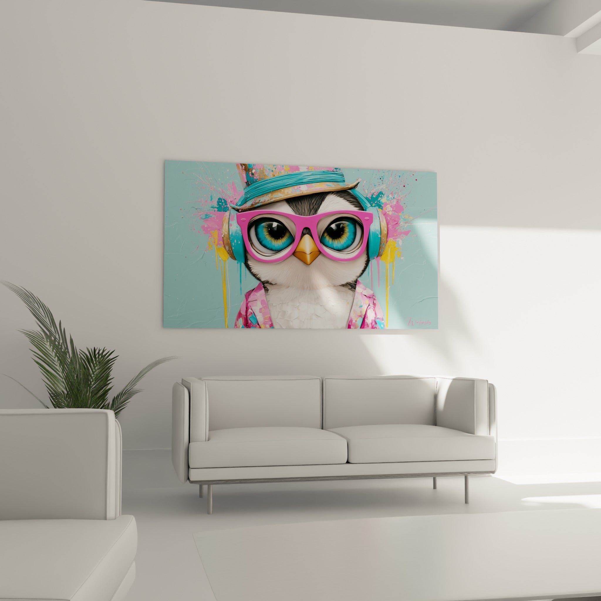 Regard intense du pingouin aux yeux bleu-vert et lunettes fuchsia au-dessus d'un canapé dans un salon lumineux