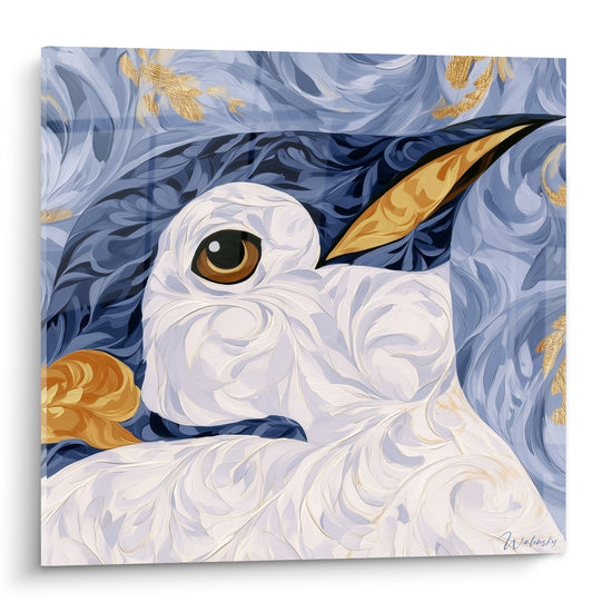 Pingouin blanc au regard doré, plumage sculpté sur fond bleu marine orné de motifs dorés
