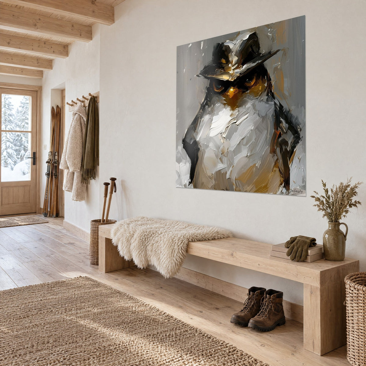 Gemälde Polarvogel mit ebenholzfarbenem Borsalino, cremeweißem Brustgefieder und ockerfarbenen Reflexen, aus dreiviertel Ansicht im Eingangsbereich eines Chalets