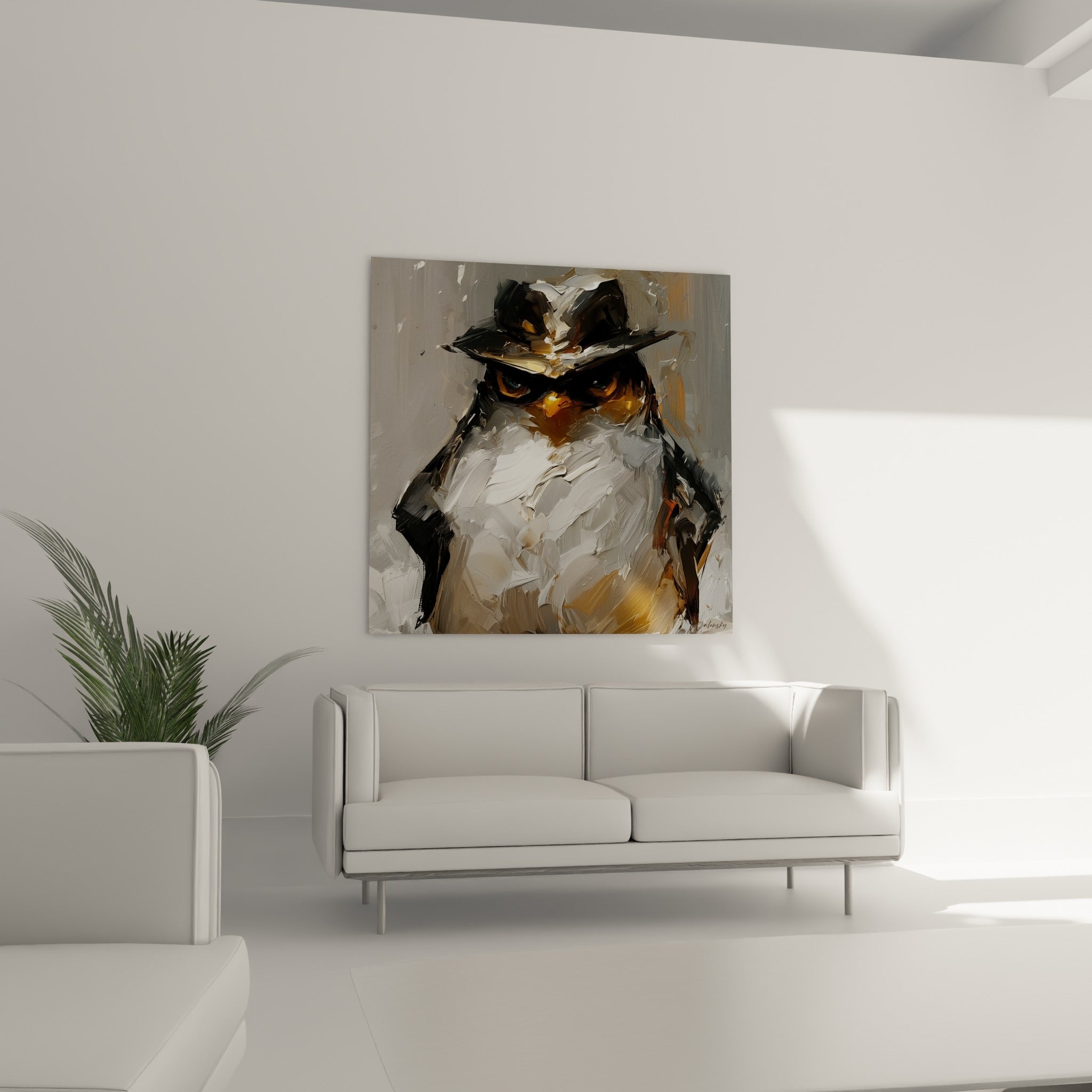 Pingouin blanc et gris coiffé d'un feutre, regard perçant doré, disposé au-dessus d'un canapé dans un salon lumineux