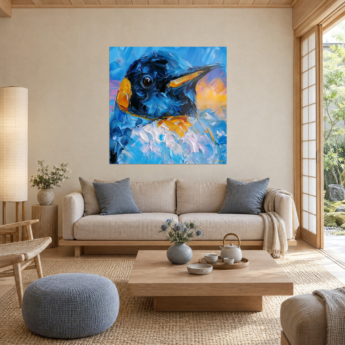 Tableau manchot au plumage bleu cobalt et plastron blanc, bec jaune safran, fond rose et or, au-dessus d'un canapé dans un salon lumineux
