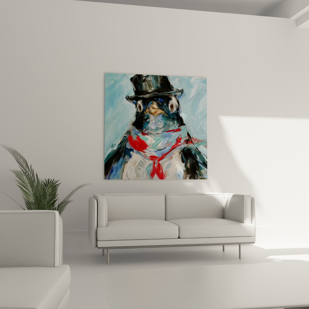 Regard intense d'un pingouin en chapeau noir et écharpe rouge, au-dessus d'un canapé dans un salon lumineux.