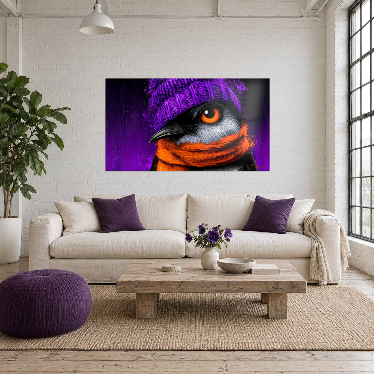 Schilderij pinguïn met paarse wollen muts en fel oranje sjaal, ronde barnsteenkleurige ogen, witte bakstenen muur, hangend boven een bank in een lichte woonkamer