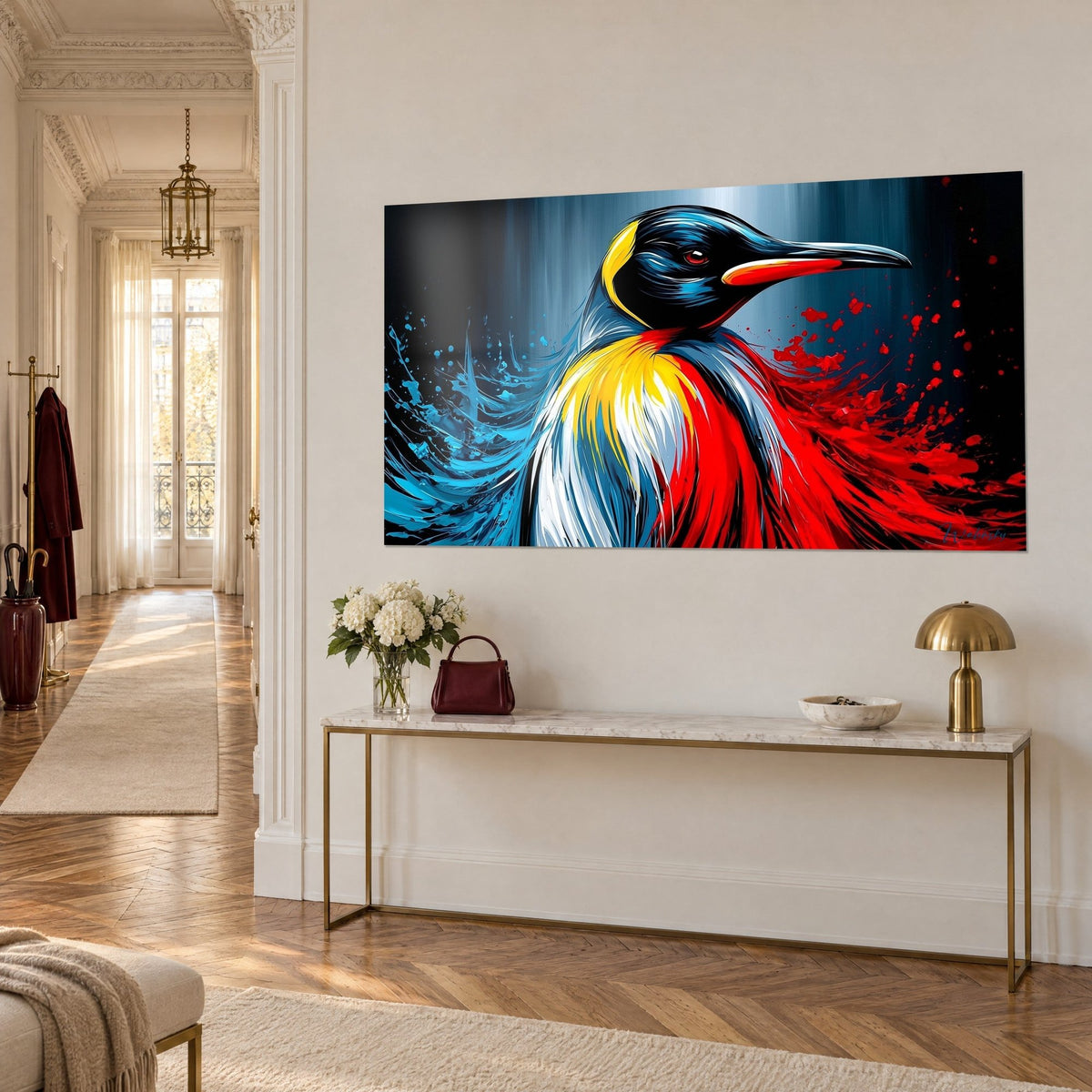 Schilderij pinguïn met lange oranje snavel, cyaan spatten links en rode rechts, driekwartzicht op een gouden console