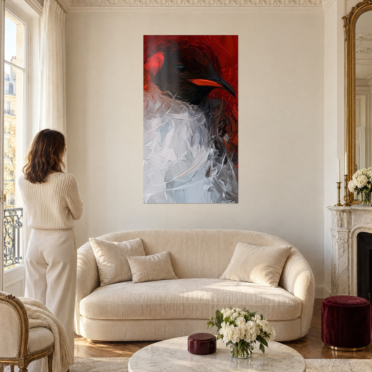 Wall art penguin with a hooked orange beak on a blood-red background, white and grey plumage in palette-knife strokes, above a sofa in a bright living room