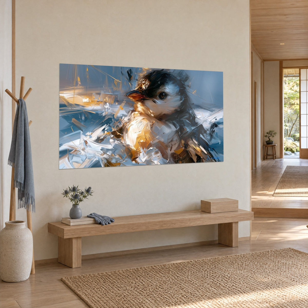Schilderij poolvogeltje in olieverf, zwarte kop, amberkleurige crèmebuik op ijzig blauwe achtergrond, driekwartaanzicht in de hal