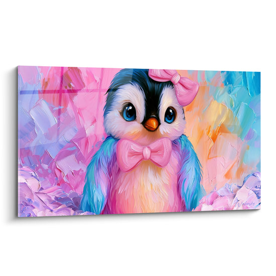 Pingouin aux yeux bleus et nœuds roses, plumage rose poudré et bleu turquoise, peinture texturée