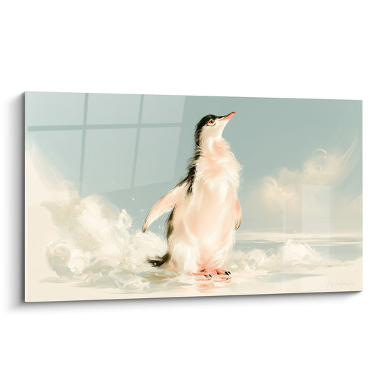 Pingouin rosé au bec levé, plumage noir et rose pâle sur fond bleu pastel vaporeux