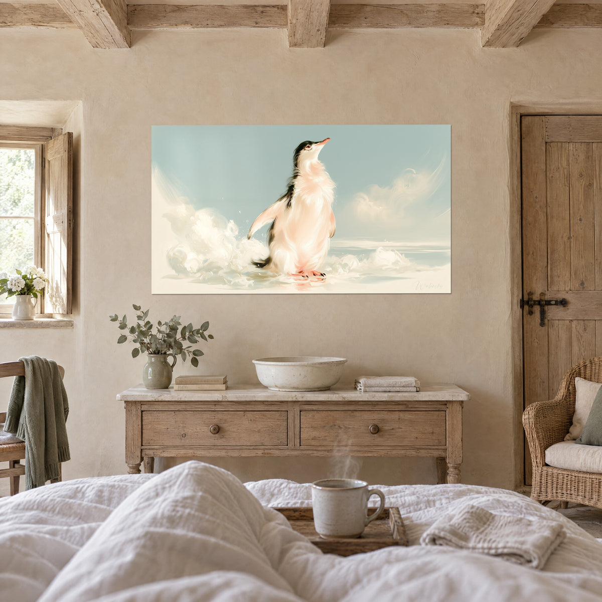 Cuadro ave marina de plumaje rosa polvo y negro, pico naranja dirigido hacia un cielo gris azulado, encima de una cama en un dormitorio claro