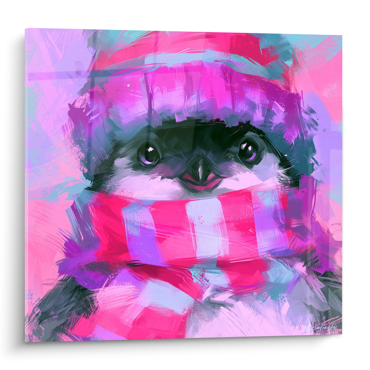 Pingouin au bonnet rayé, regard tendre entouré de rose fuchsia et violet éclatant