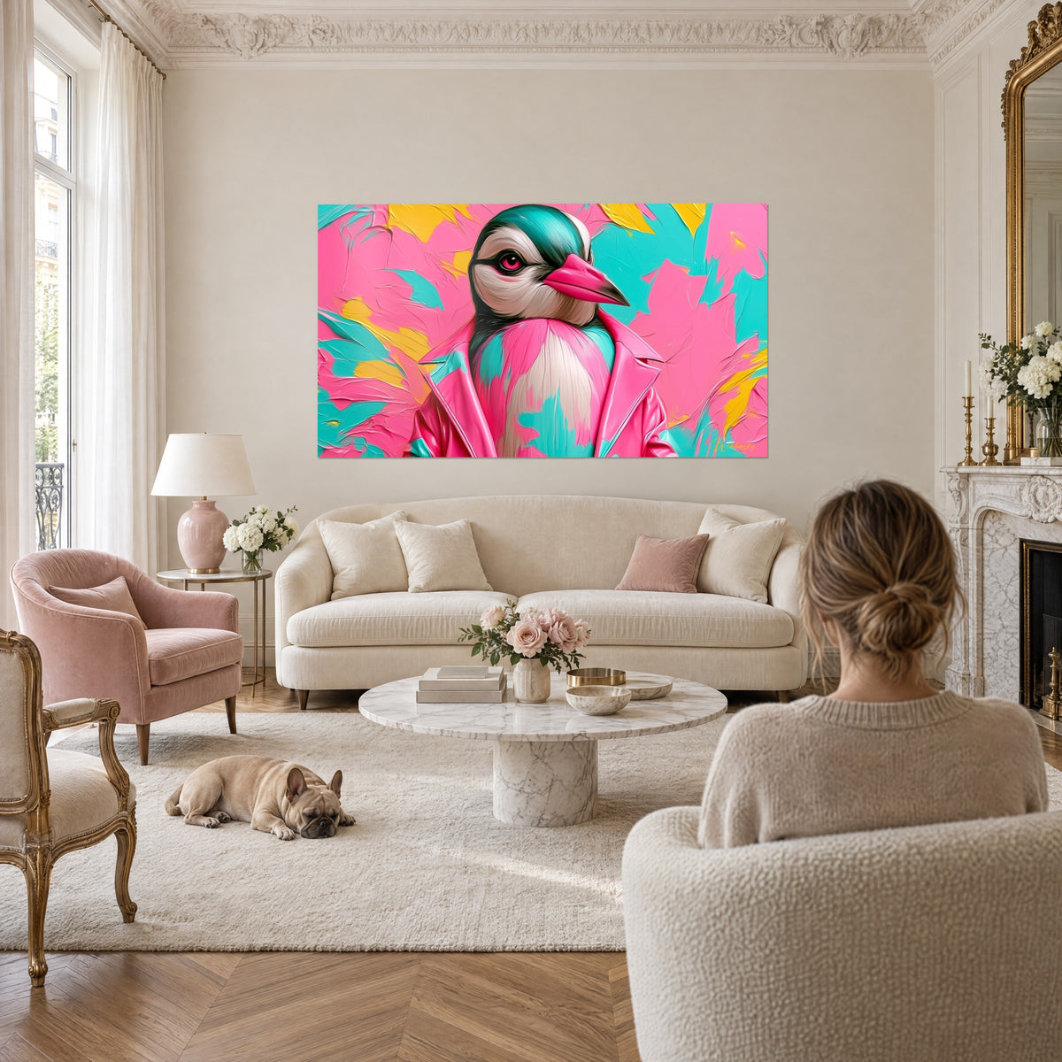 Tableau pingouin rebelle en veste rose sur fond turquoise et jaune, femme de dos et bulldog, au-dessus d'un canapé dans un salon lumineux