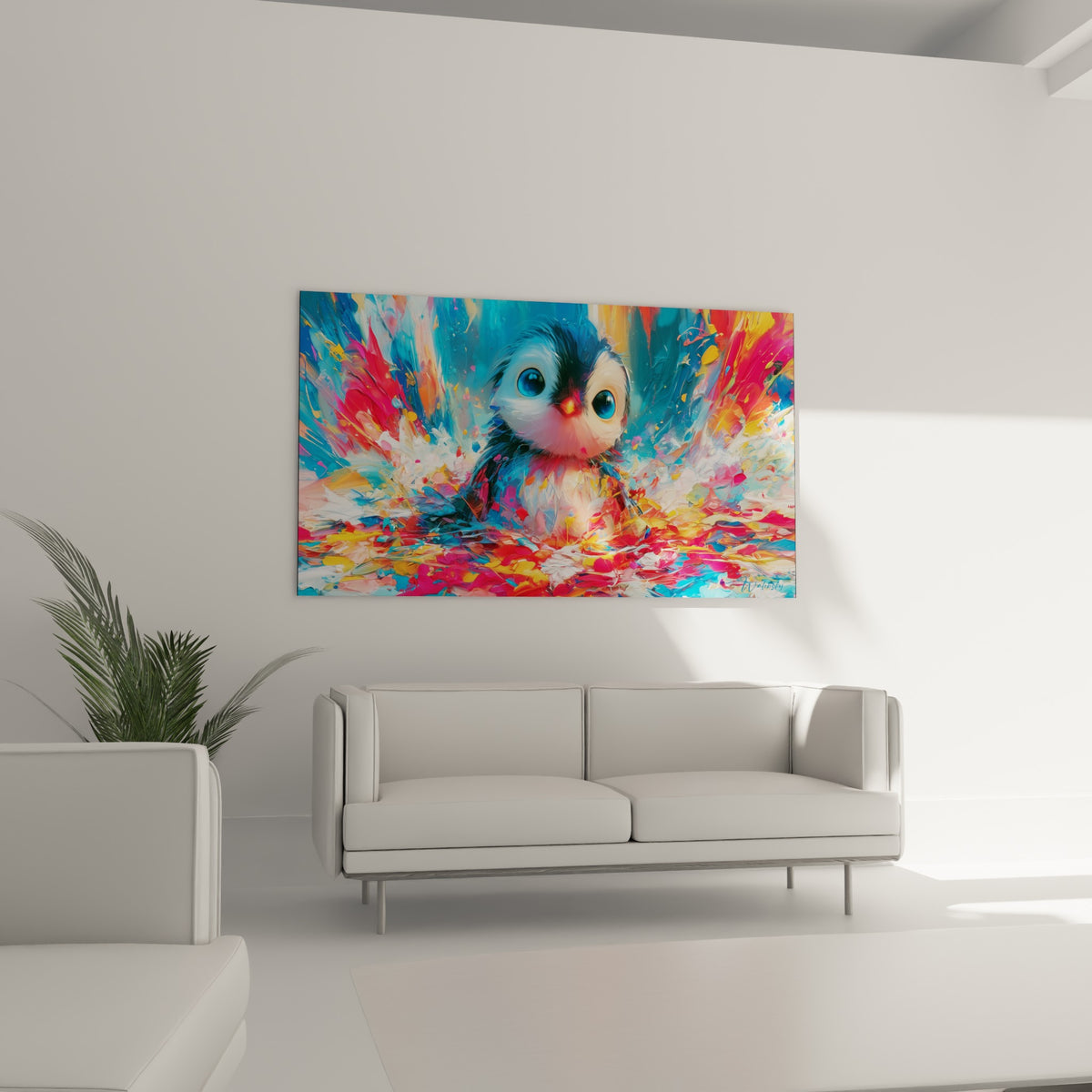Regard bleu intense du pingouin entouré de touches roses et jaunes, au-dessus d'un canapé dans un salon lumineux
