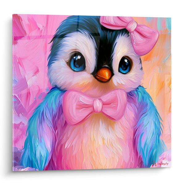Tableau Pingouin aux nœuds roses et yeux bleus - Câlin sucré - Edition Pingouin