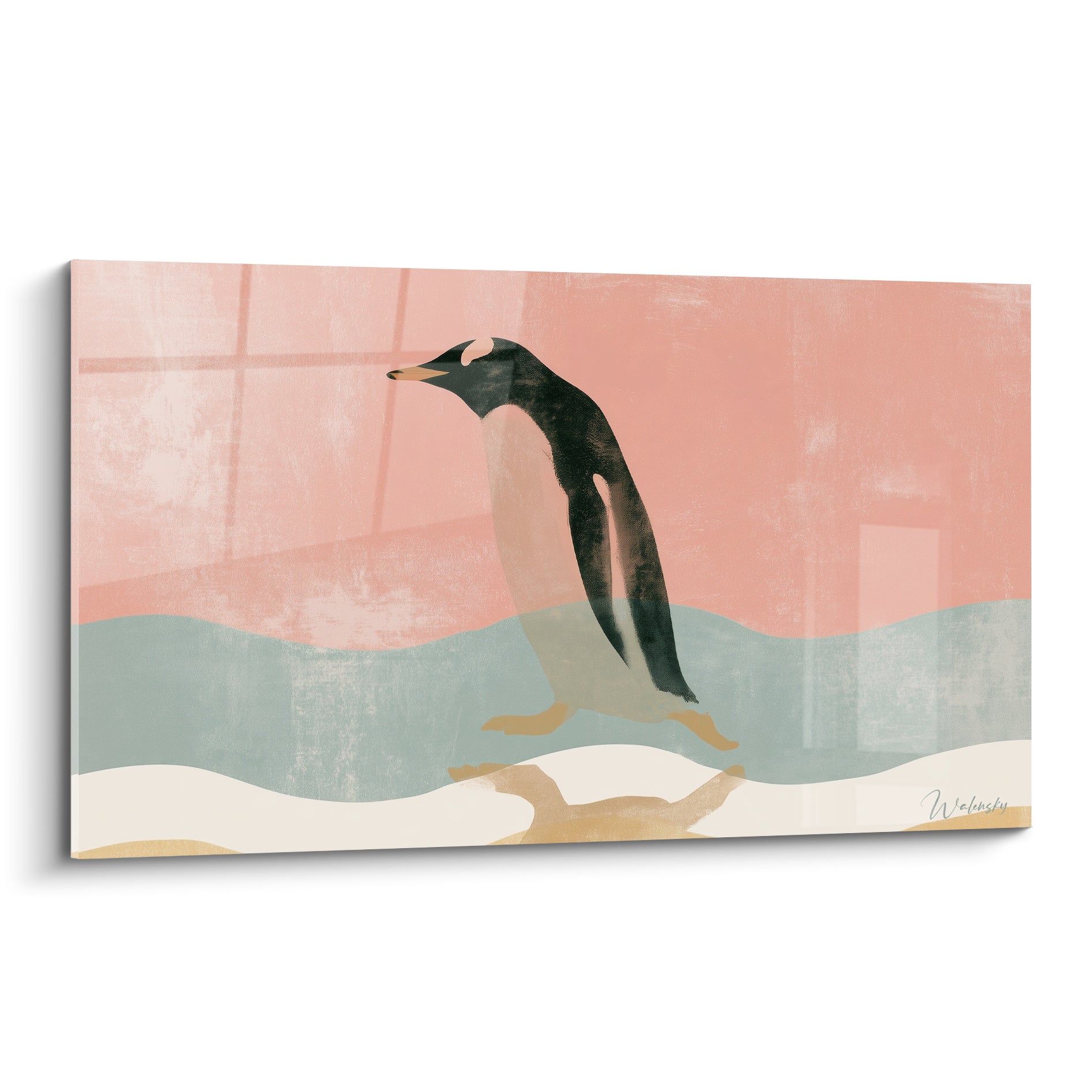 Pingouin noir et beige glissant sur fond rose poudré et vert sauge, style graphique épuré