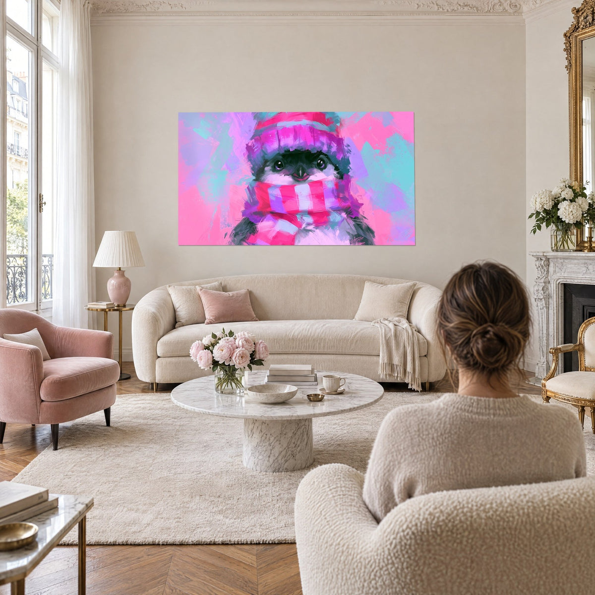Gemälde Pinguin in einen rosa gestreiften Schal und eine violette Mütze gehüllt, türkisfarbener Hintergrund, über einem Sofa in einem hellen Wohnzimmer