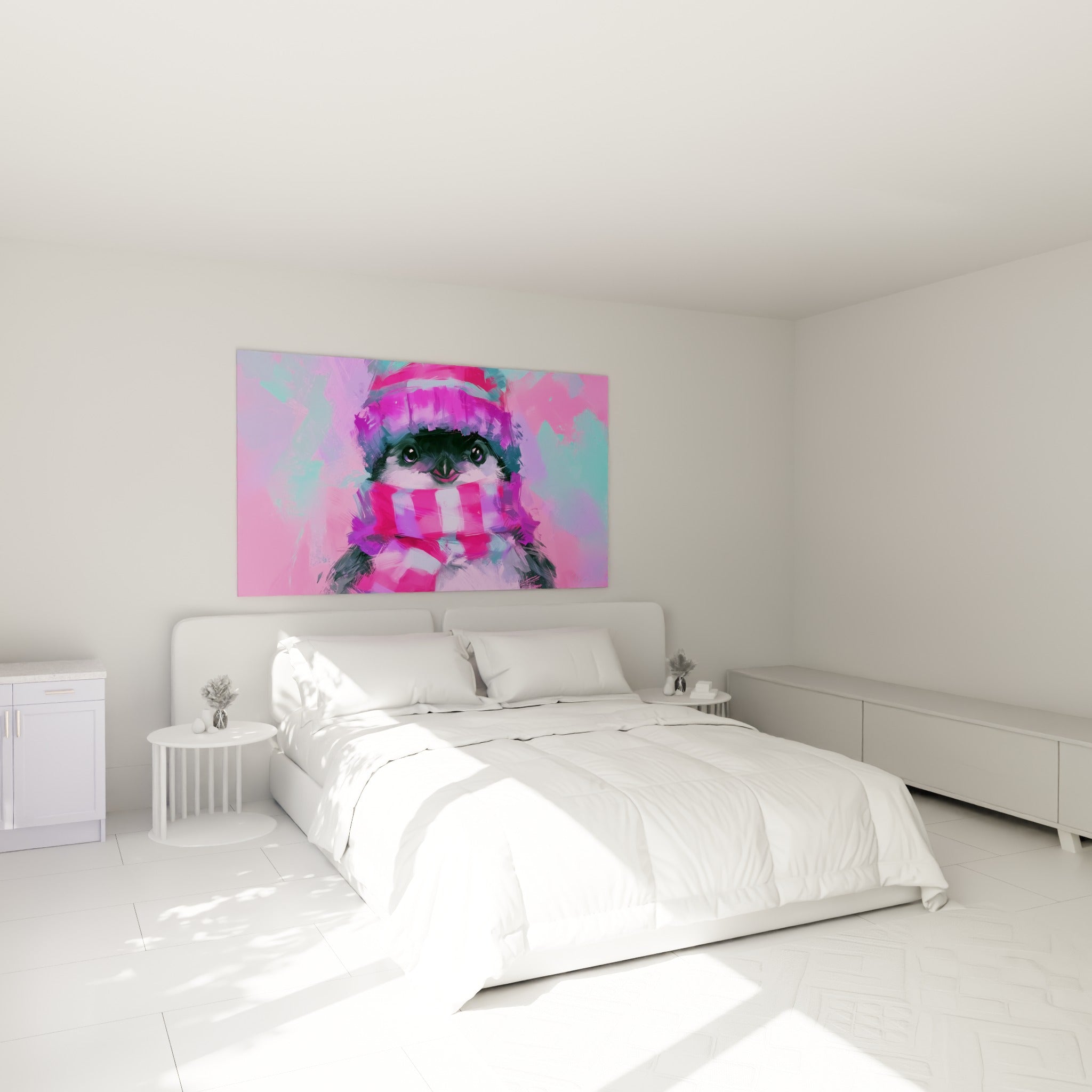 Bébé pingouin emmitouflé en rose et violet accroché au-dessus d'un lit dans une chambre claire