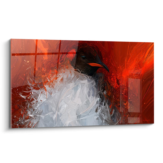 Pingouin au plumage blanc et gris, tête noire au bec orangé, sur fond rouge flamboyant expressif