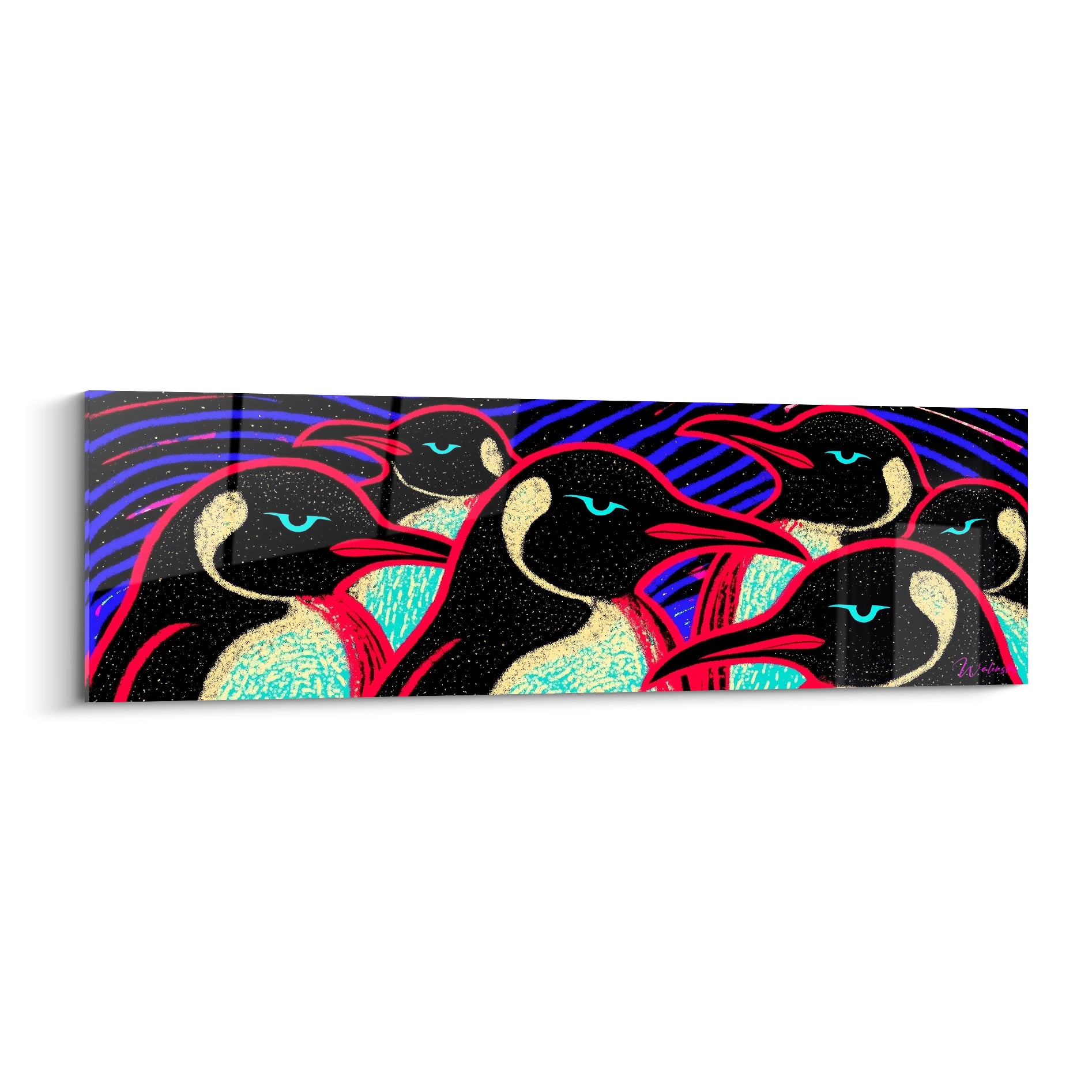 Pingouins noirs aux contours rouge vif et poitrails turquoise sur fond bleu marine strié