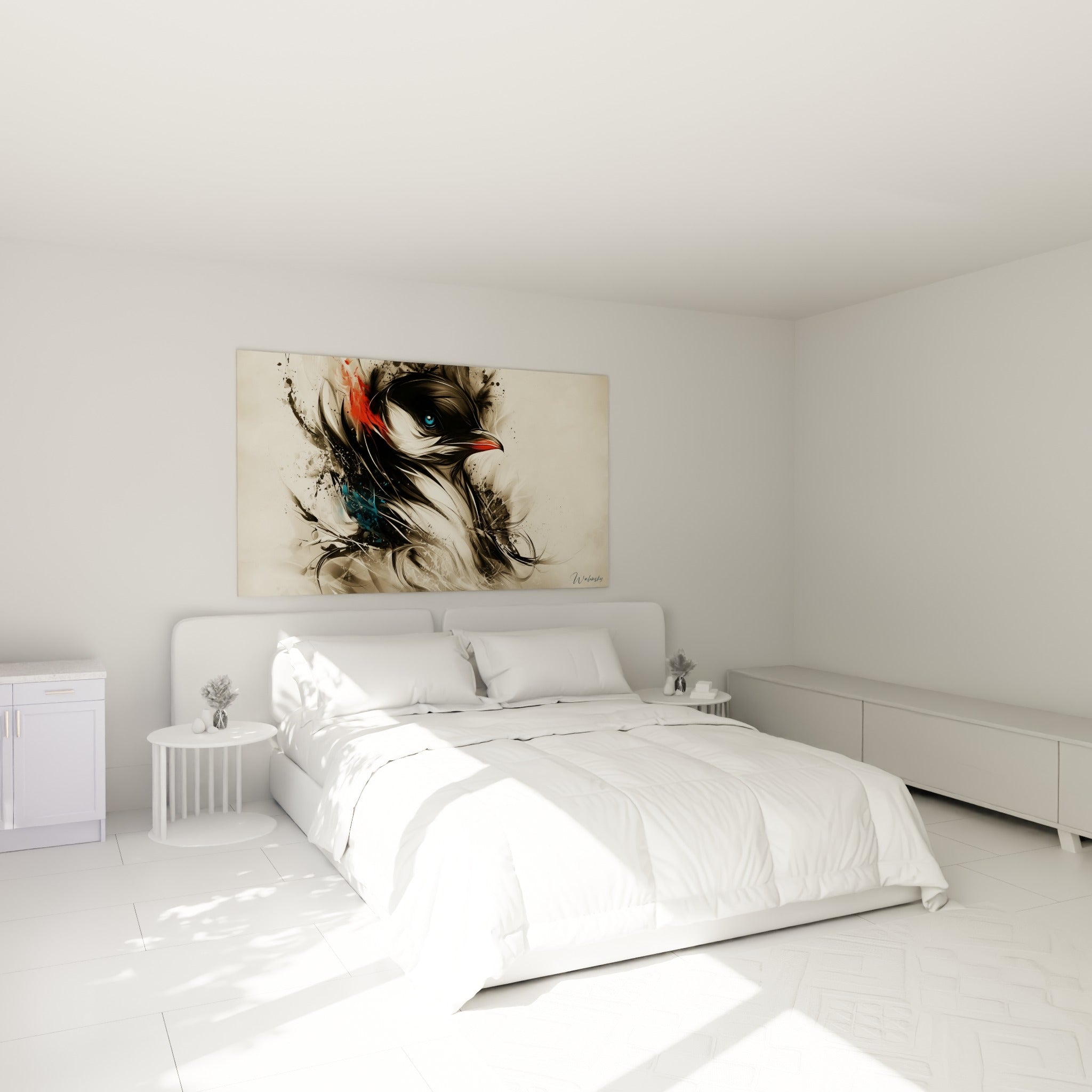 Profil de pingouin noir et rouge à l'œil turquoise, accroché au-dessus d'un lit dans une chambre claire