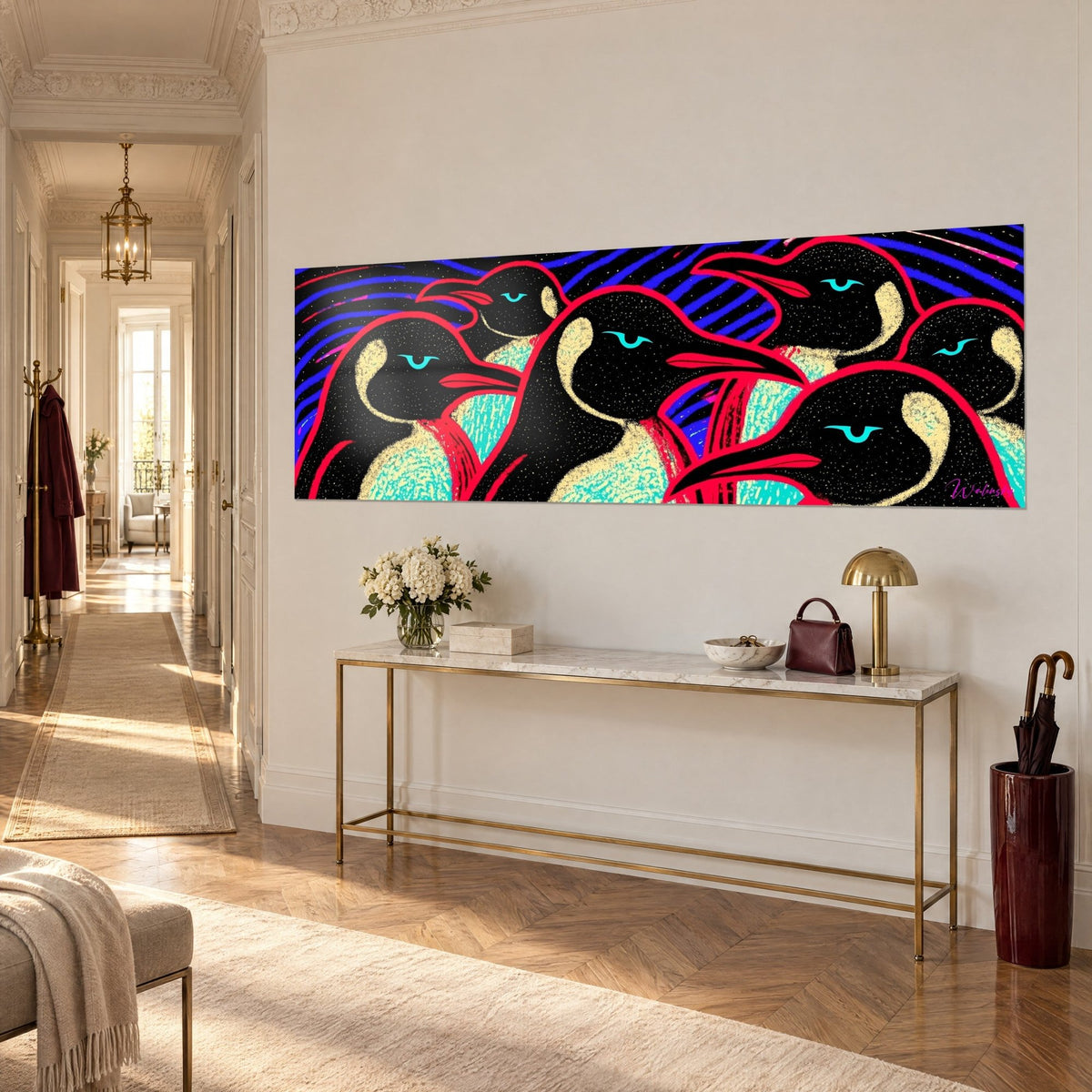 Schilderij van een dicht opeengepakte pinguïnkolonie, crèmekleurige buiken gestipt met turquoise, scharlakenrode snavels, in een perspectiefzicht van een hal in Haussmann-stijl