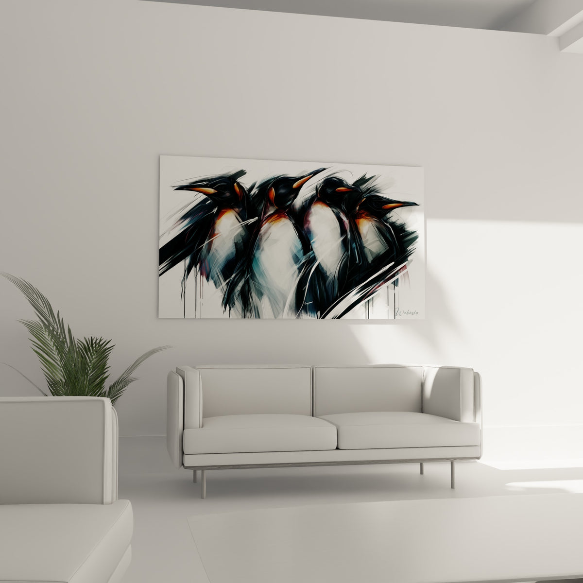 Manchots en mouvement graphique, noir intense et blanc lumineux, au-dessus d'un canapé dans un salon lumineux