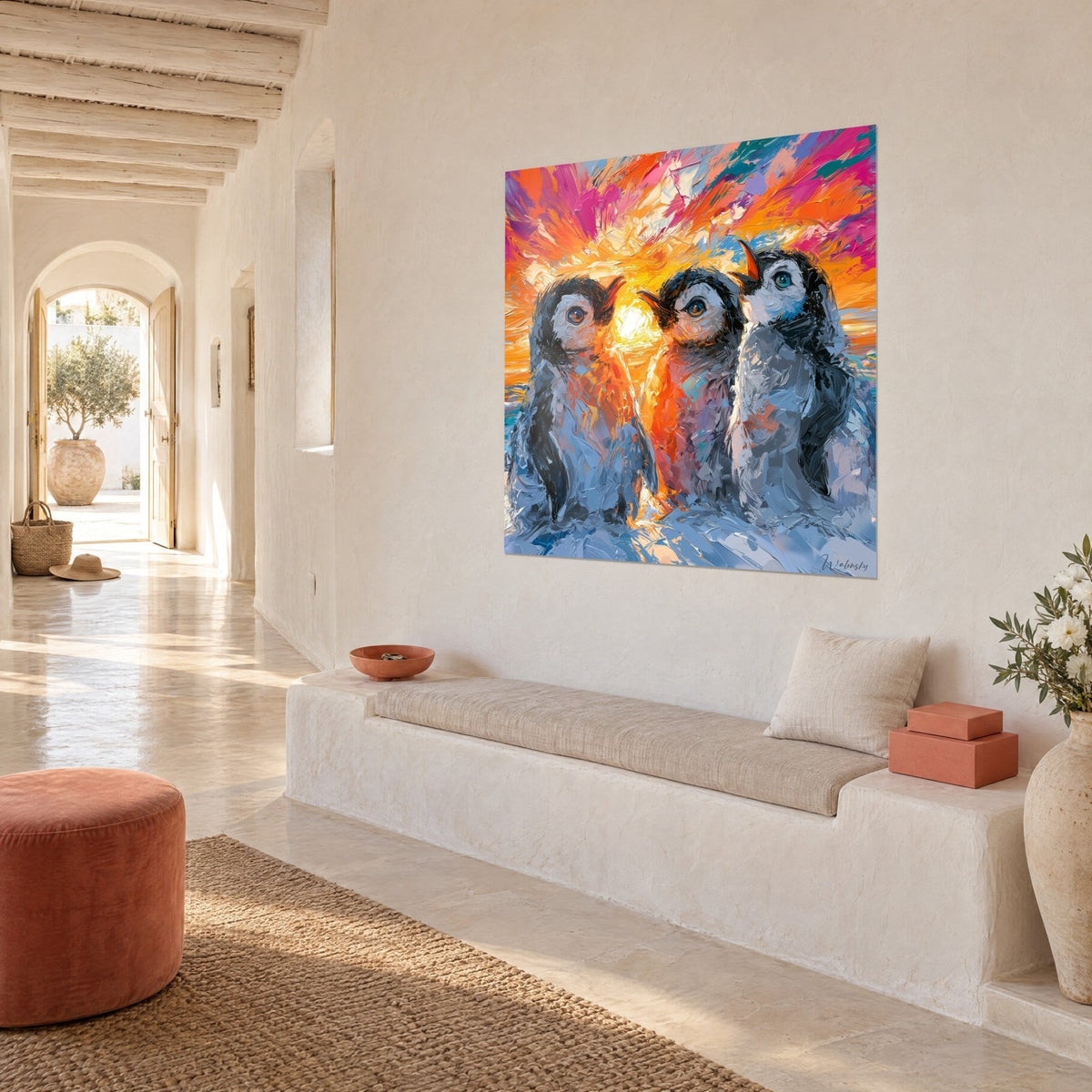 Cuadro trío de pingüinos grises de pico naranja, cielo fucsia y amarillo en pinceladas de espátula, vista de tres cuartos, banqueta mediterránea