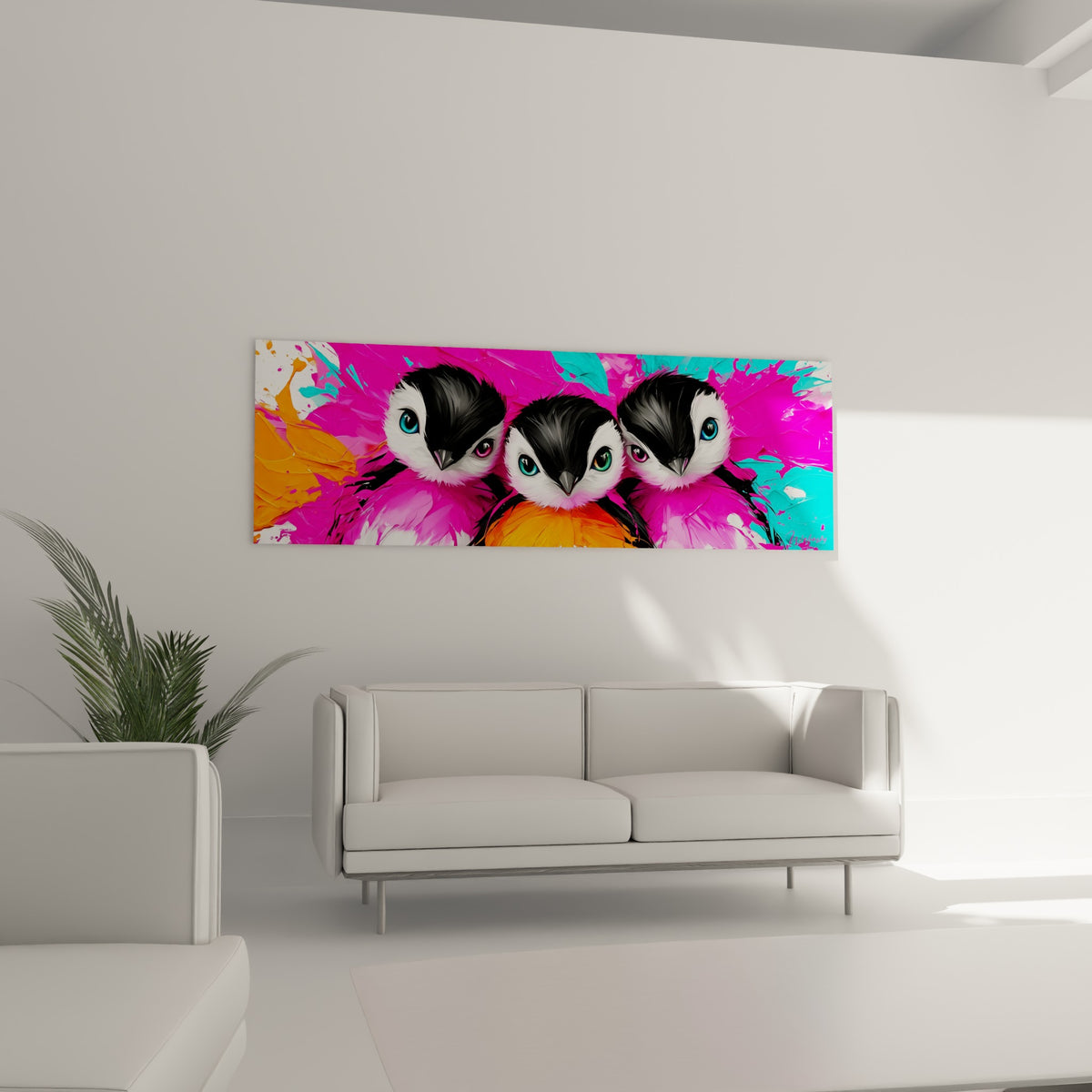 Trio de pingouins yeux vifs sur fond turquoise et fuchsia, disposé au-dessus d'un canapé dans un salon lumineux.
