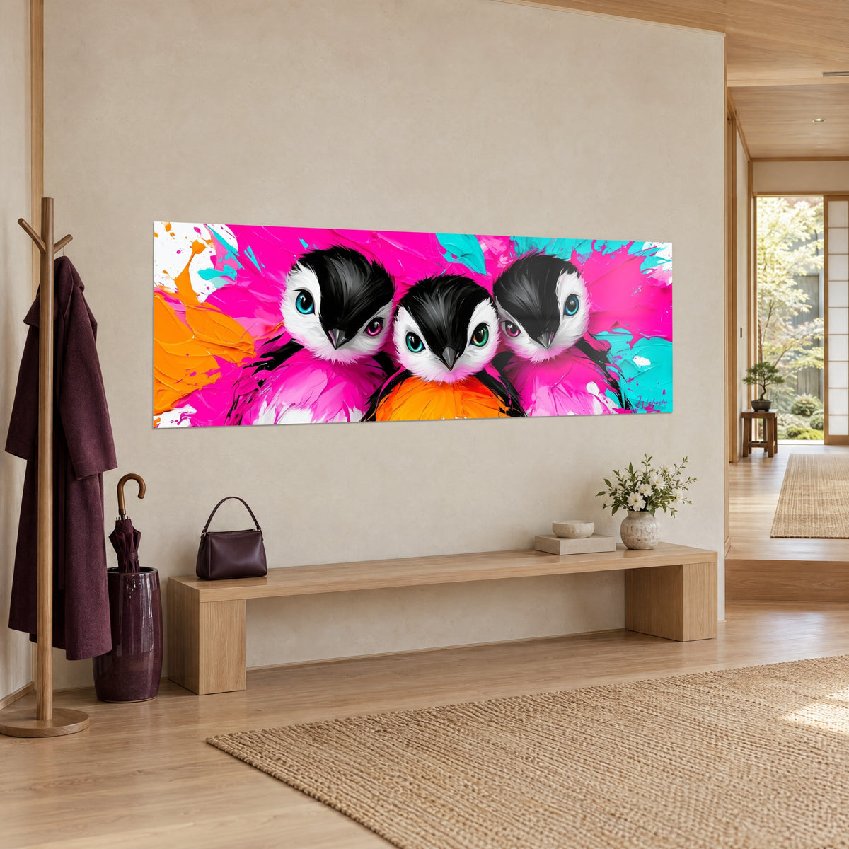 Schilderij vriendschappelijke pinguïns met zwarte kop en witte wangen, fuchsia en turquoise achtergrond, opgehangen boven een bank van licht hout