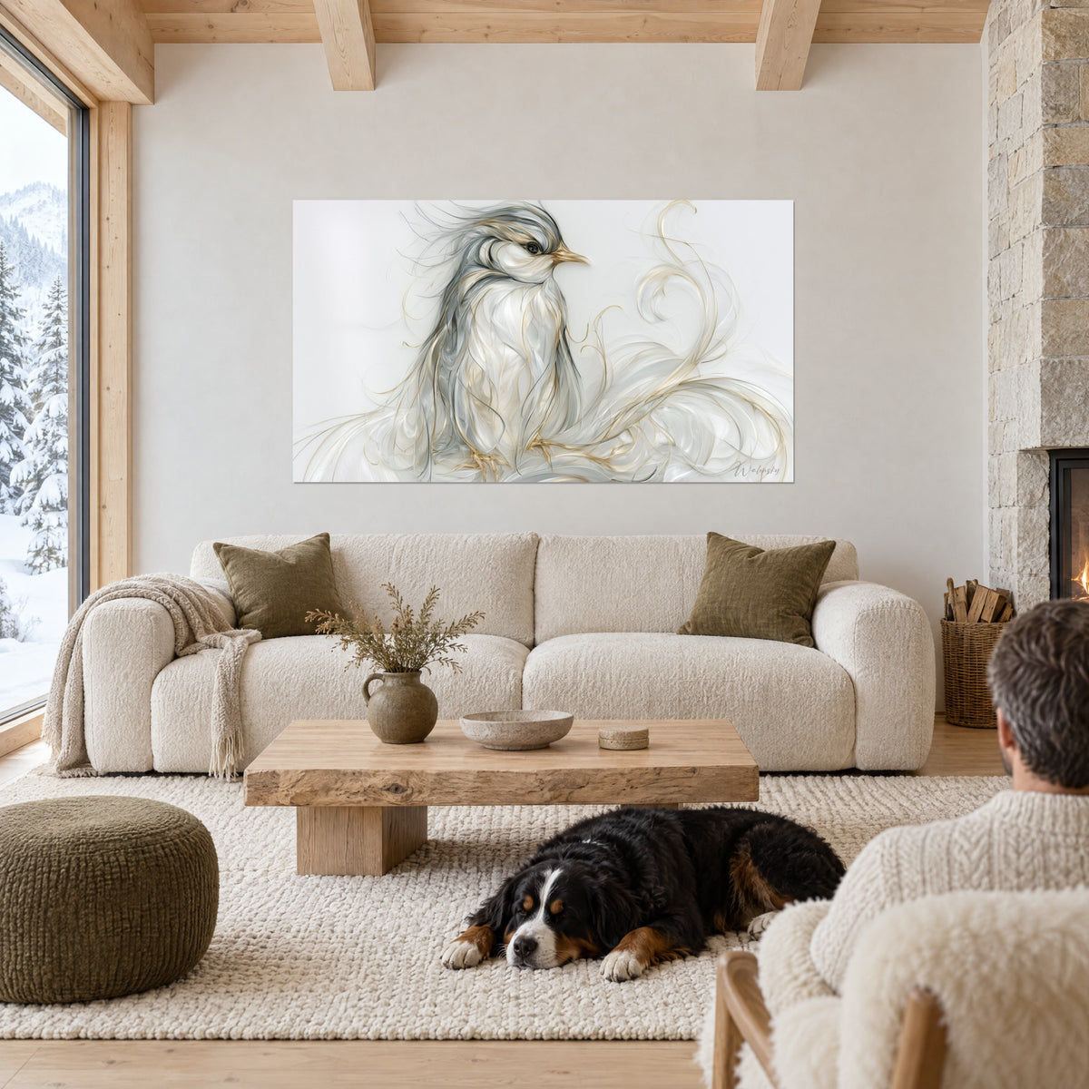 Gemälde Vogel aus grauen und goldenen Federn mit langem ockerfarbenem Schnabel, ein schwarzer Hund liegt daneben, über einem Sofa in einem hellen Wohnzimmer