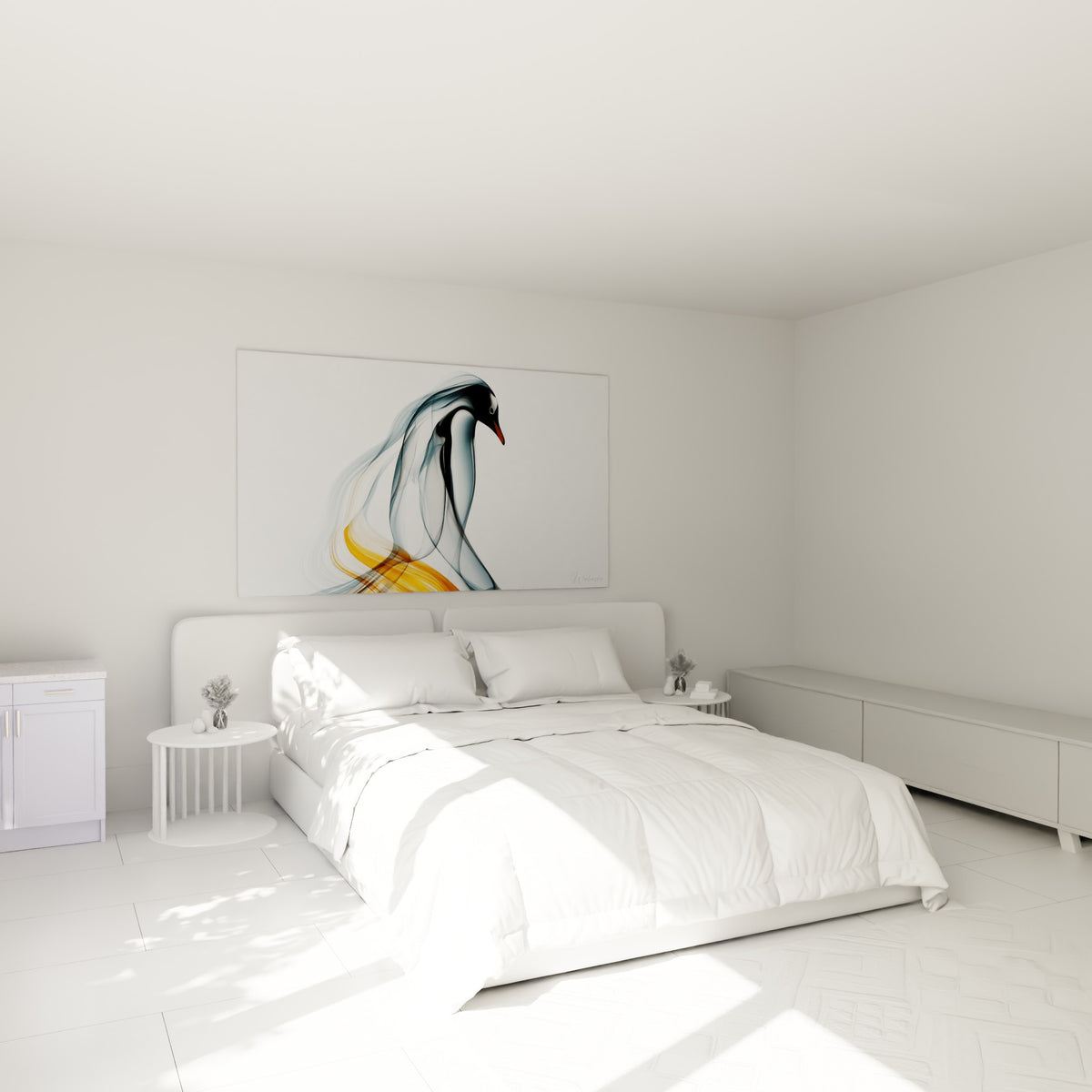 Silhouette de pingouin gris et doré suspendue au-dessus d'un lit dans une chambre claire