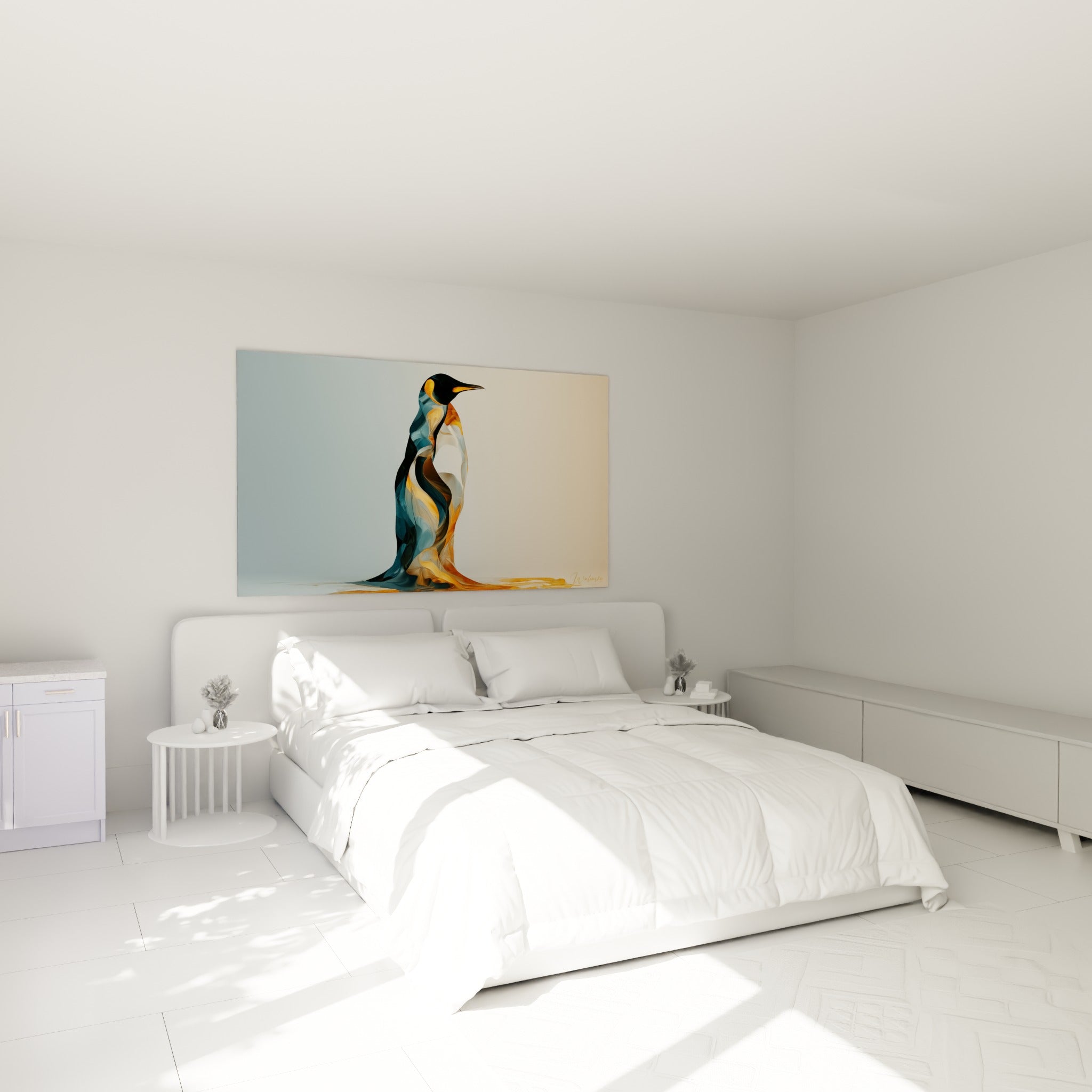 Silhouette de Pingouin bleu pétrole et doré, fondu artistique, accrochée au-dessus d'un lit dans une chambre claire.