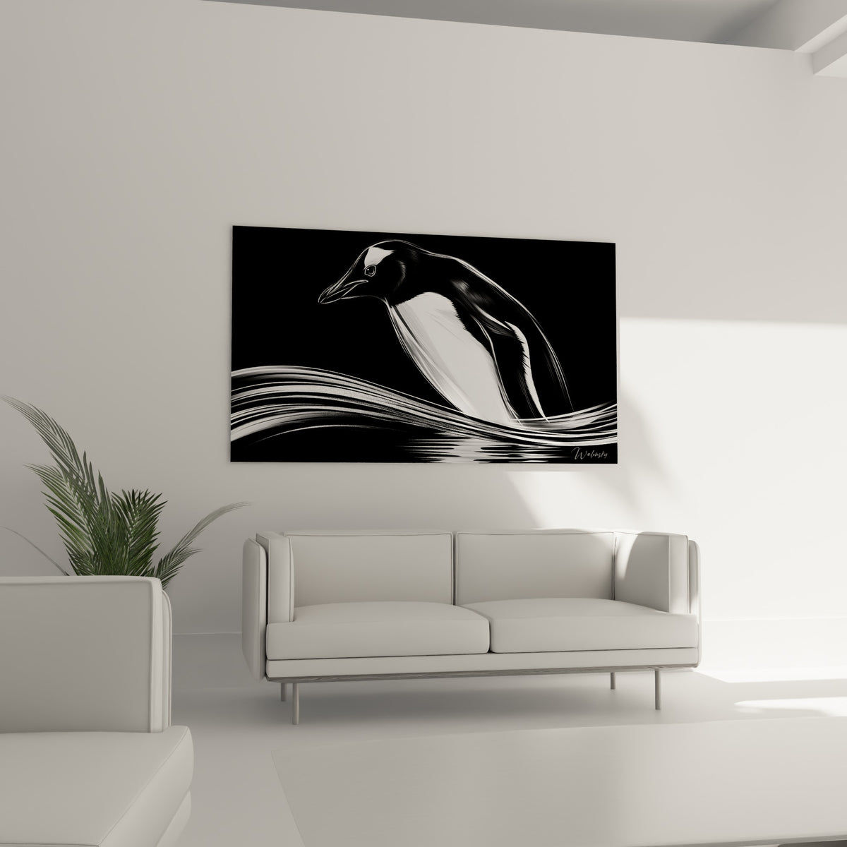 Oiseau polaire noir et blanc capturé en plein élan, au-dessus d'un canapé dans un salon lumineux