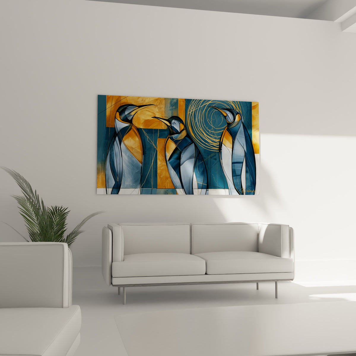 Pingouins ocre et anthracite aux contours anguleux, composition abstraite, au-dessus d'un canapé dans un salon lumineux.