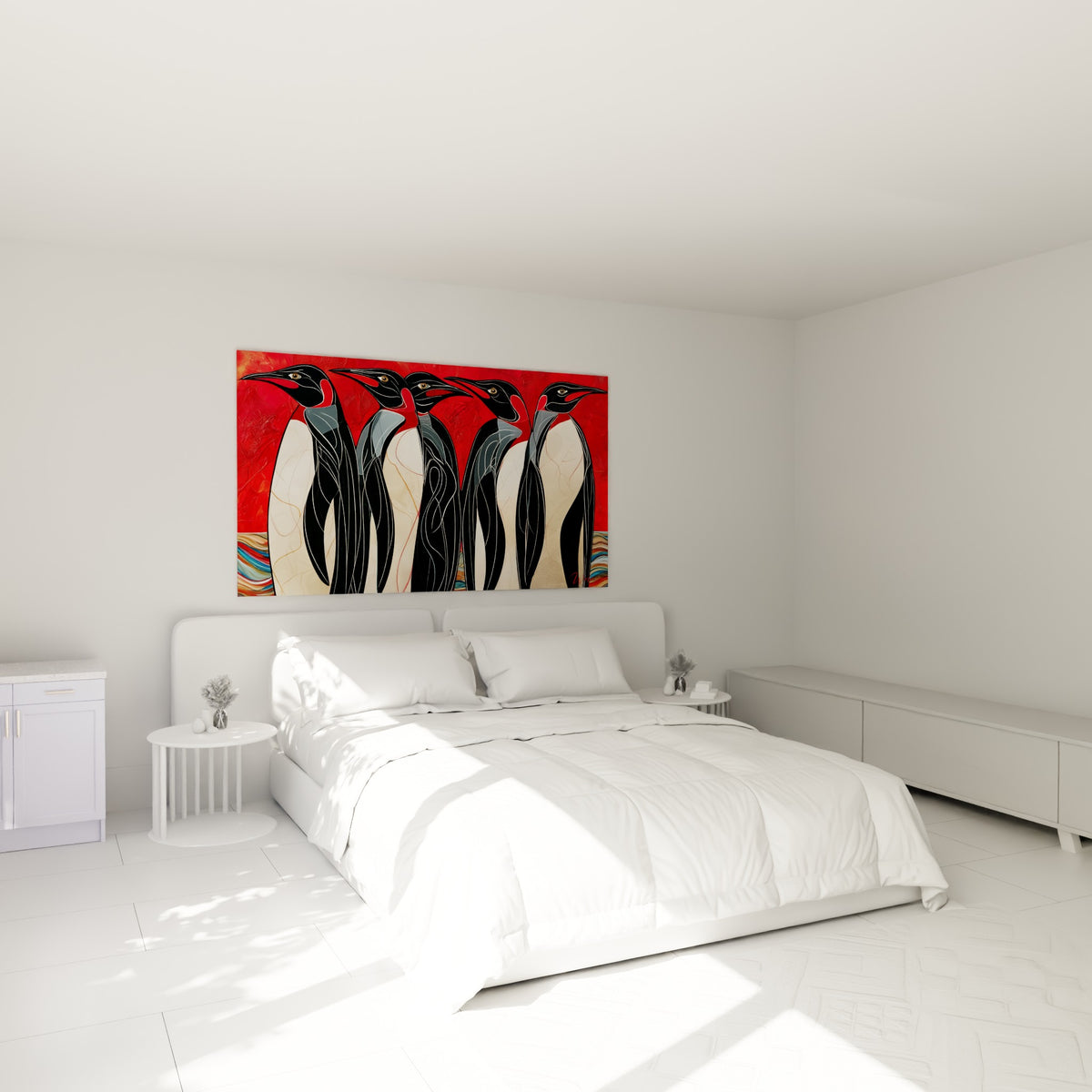 Manchots noirs et rouges aux lignes blanches accrochés au-dessus d'un lit dans une chambre claire