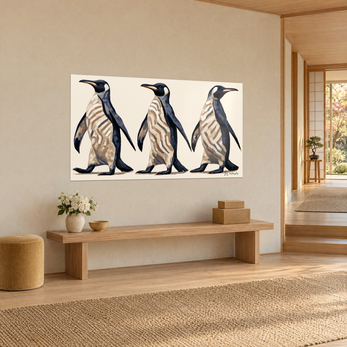 Tableau trois pingouins en file, dos bleu nuit, poitrail crème strié de taupe, bec orangé, vu de trois-quarts sur un mur sable près d'un banc en bois