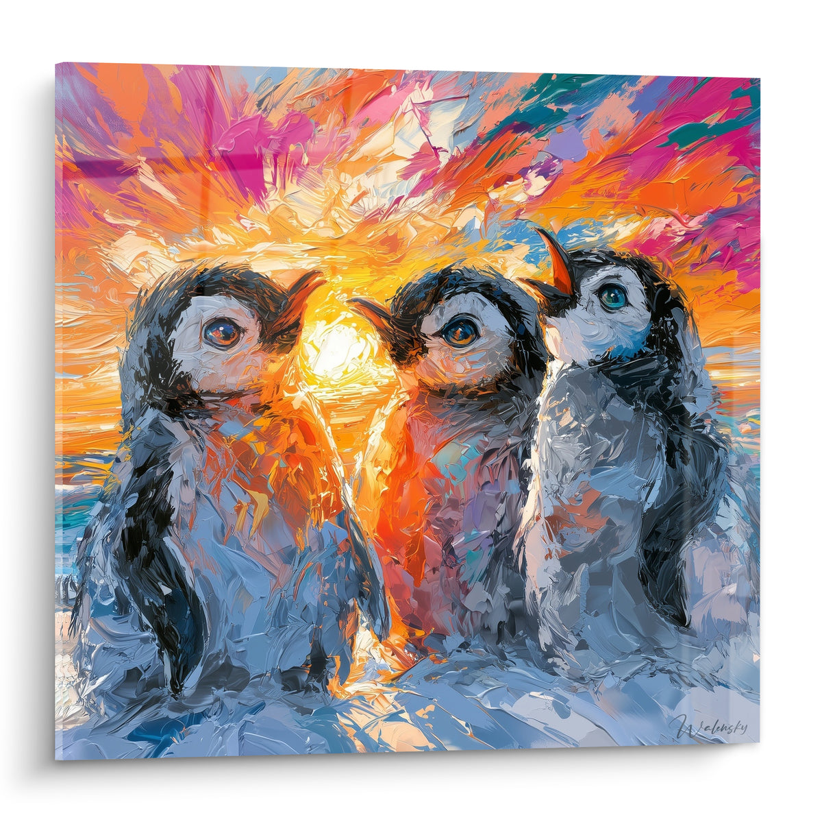 Trois pingouins gris et blanc contemplent un soleil orange et rose sur fond de touches picturales vives