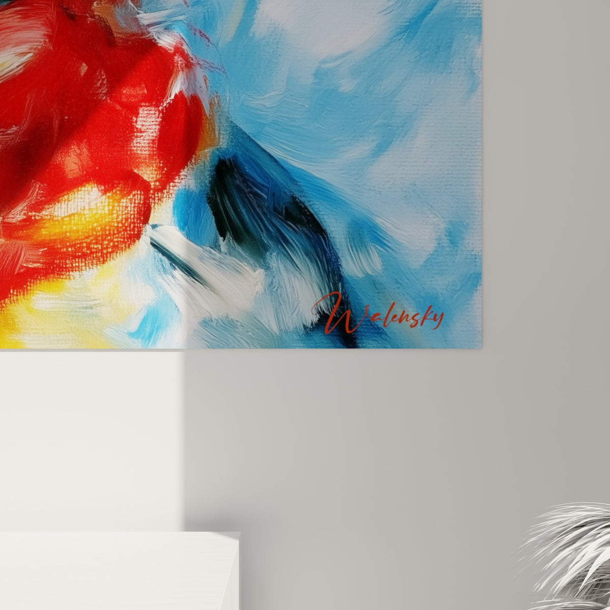 Empâtements bleu ciel et rouge écarlate se mêlant sur le plumage du pingouin, matière dense et coulures visibles