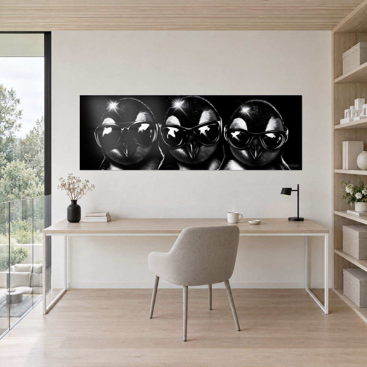 Cuadro pingüinos con gafas de sol sobre fondo nocturno, vientres claros y lentes espejo, colgado sobre un escritorio de madera clara