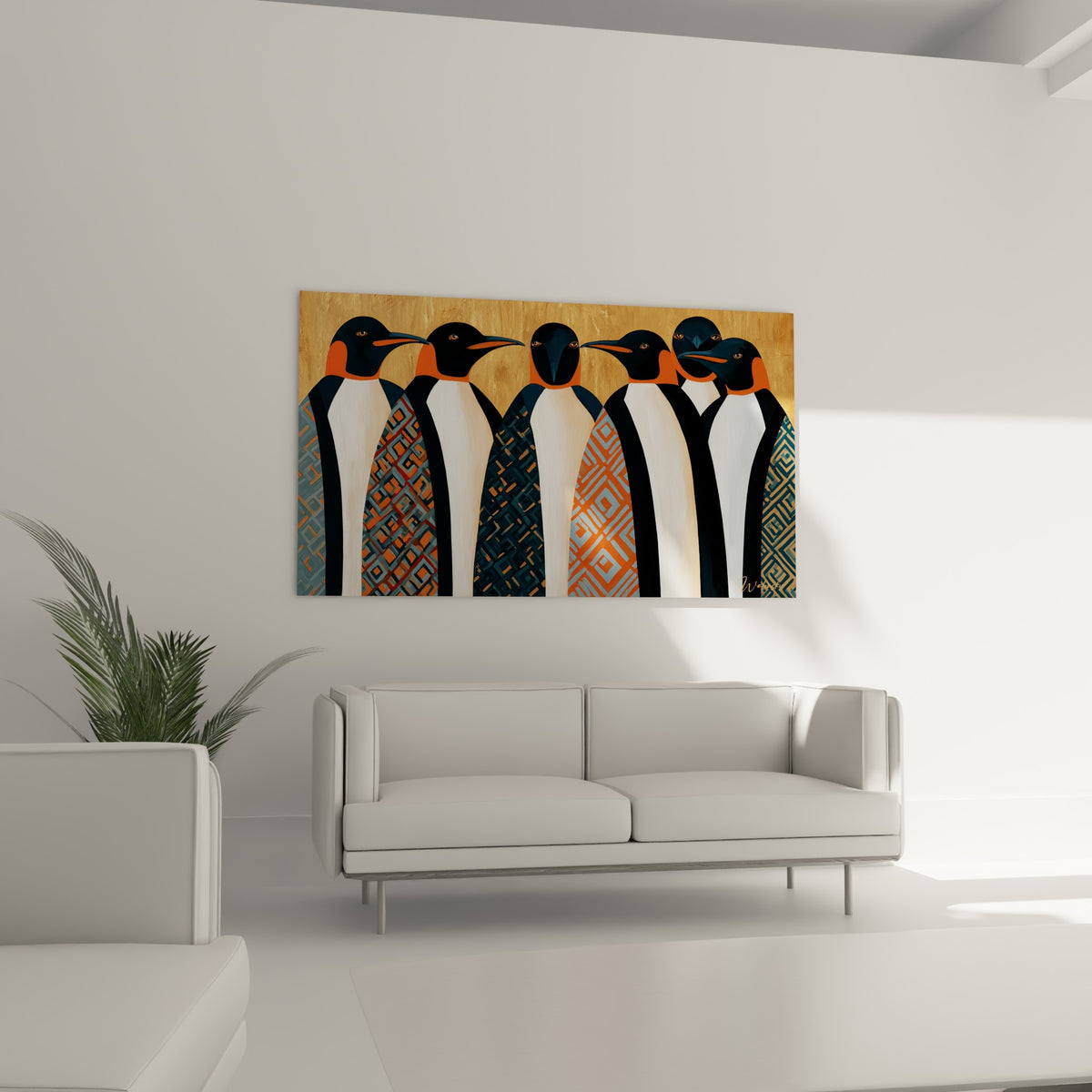 Groupe de pingouins aux motifs orange et anthracite, tableau au-dessus d'un canapé dans un salon lumineux