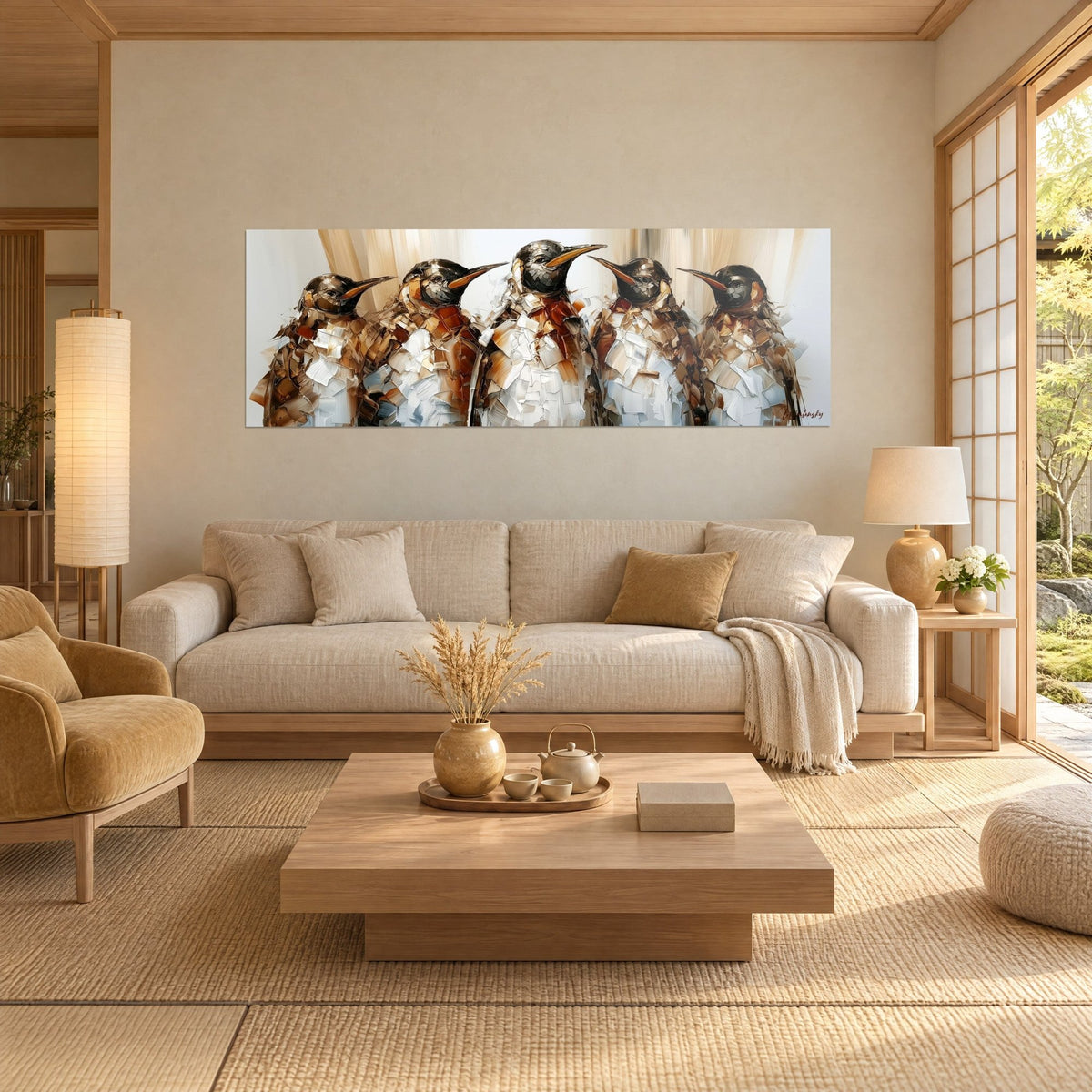 Quadro cinque pinguini dal becco arancio, piumaggio ocra e bianco in pasta spessa, sopra un divano in un soggiorno luminoso