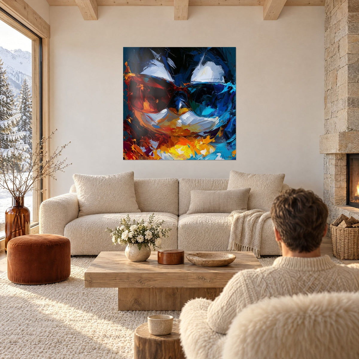 Tableau pingouin aux lunettes rouge orangé et bleu nuit, coups de couteau épais, deux personnes de dos, au-dessus d'un canapé dans un salon lumineux