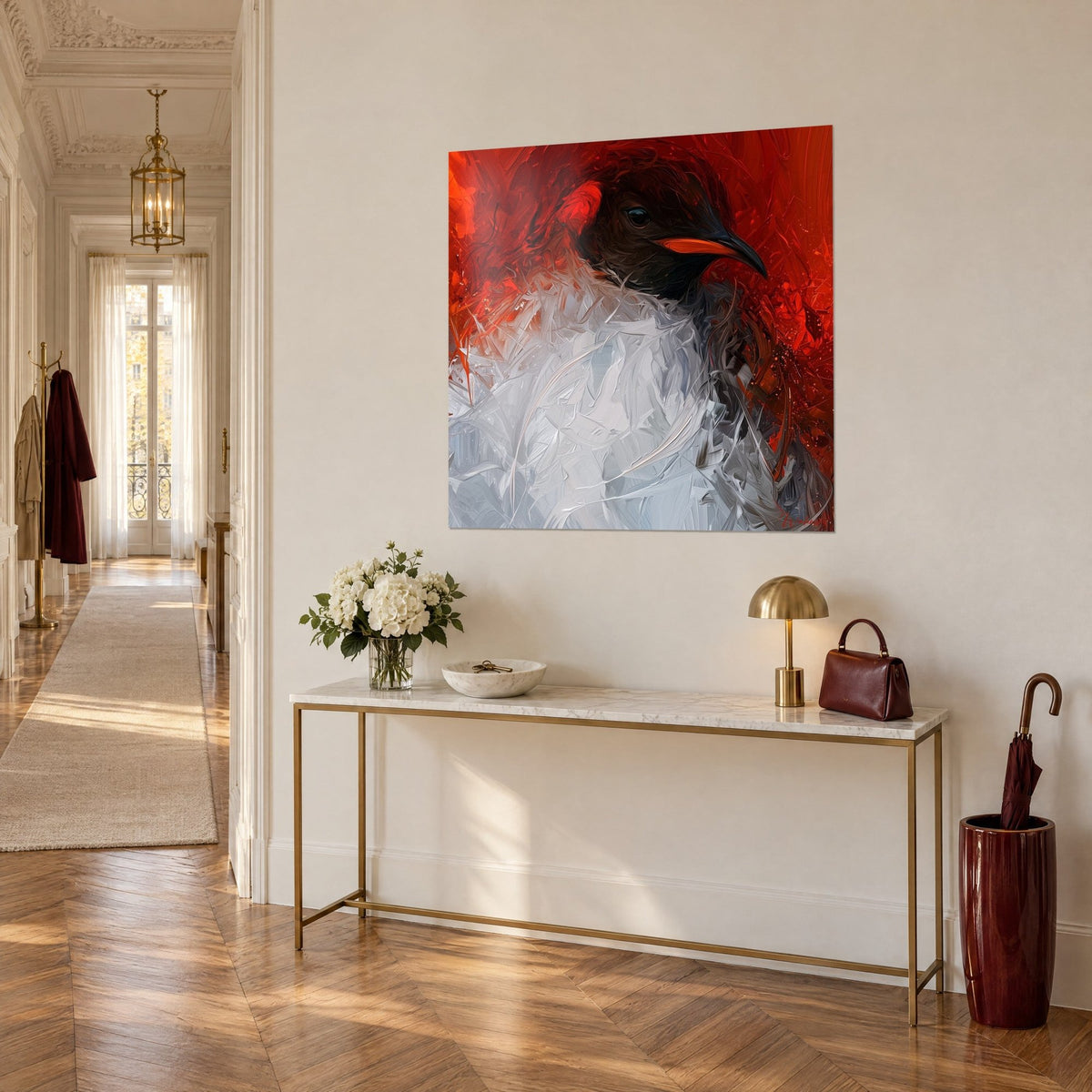 Wall art polar bird with a black head, red and white palette-knife brushstrokes, three-quarter view, gilded console