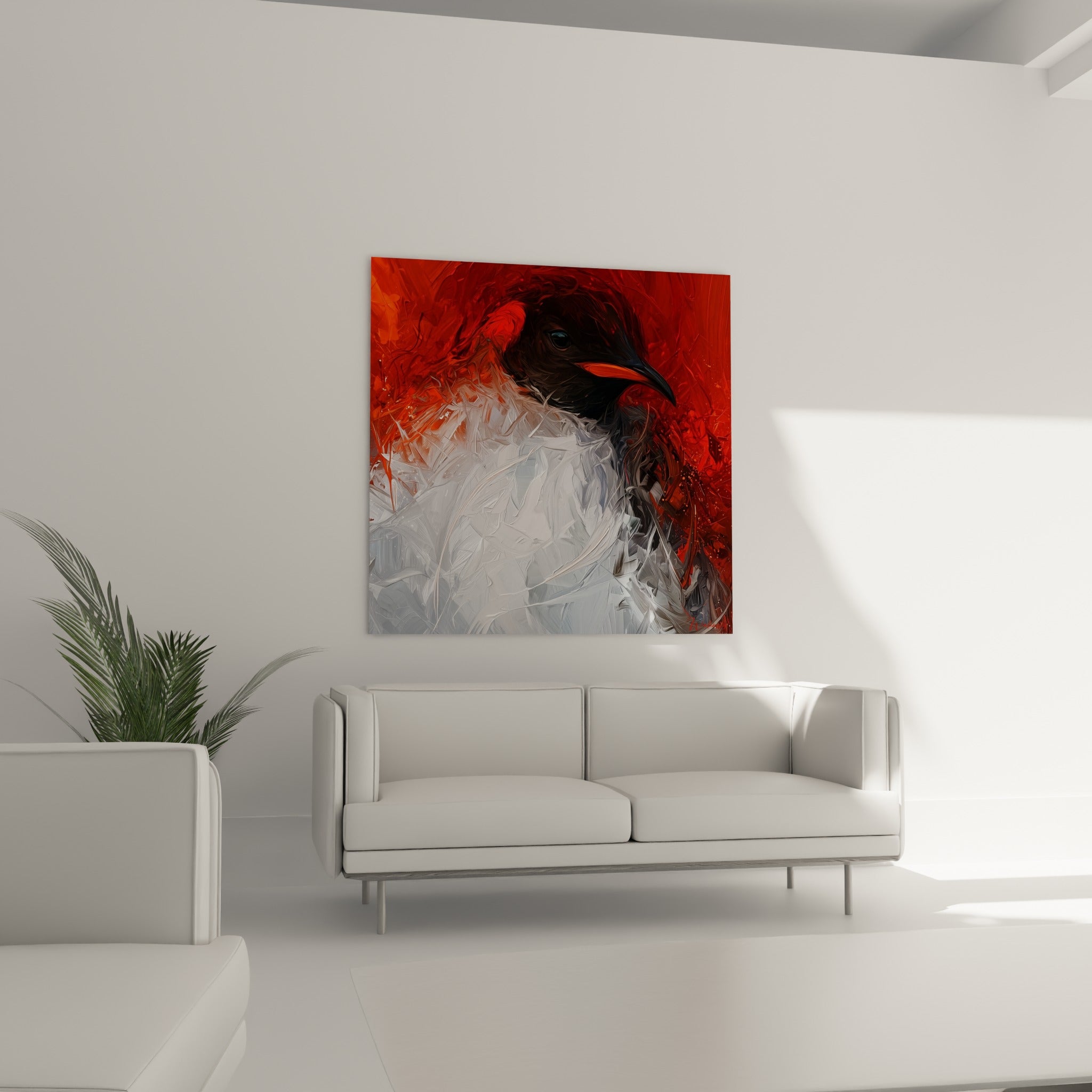 Tête sombre du pingouin et fond rouge écarlate texturé, disposés au-dessus d'un canapé dans un salon lumineux