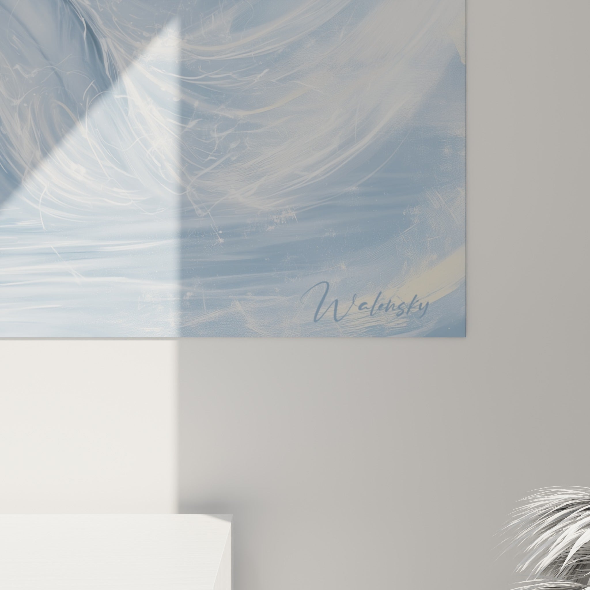 Détail des empâtements bleu pâle et blanc nacré révélant la texture fluide de la peinture du pingouin