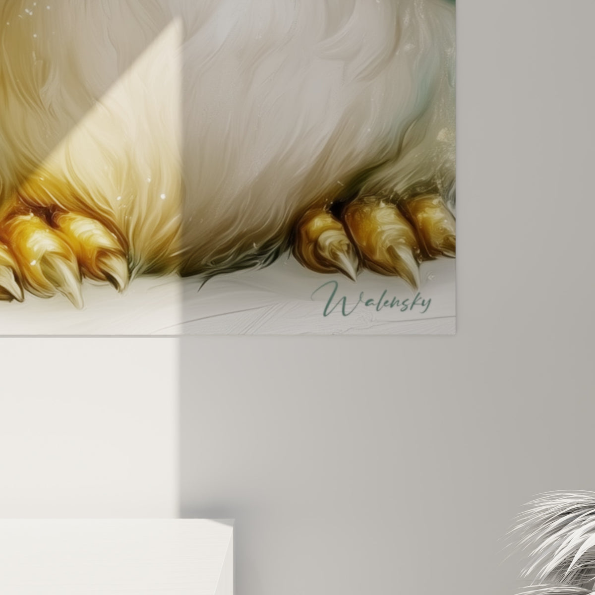 Empâtements bleu sarcelle et doré visibles sur le plumage texturé du pingouin en gros plan