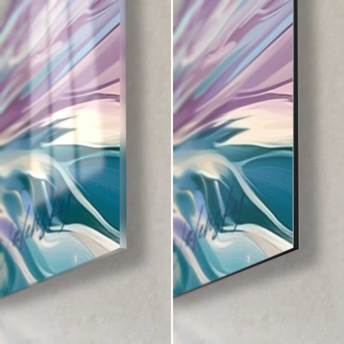 Tableau pingouin, remous turquoise et reflets lilas, coin bas droit en verre brillant et Dibond noir mat, tranche de 3 mm