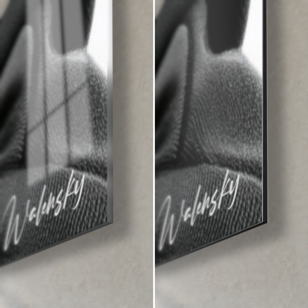 Tableau manchot au bonnet de laine, coin bas droit : verre brillant à reflets, Dibond noir mat, signature Walensky, tranche de 3 mm
