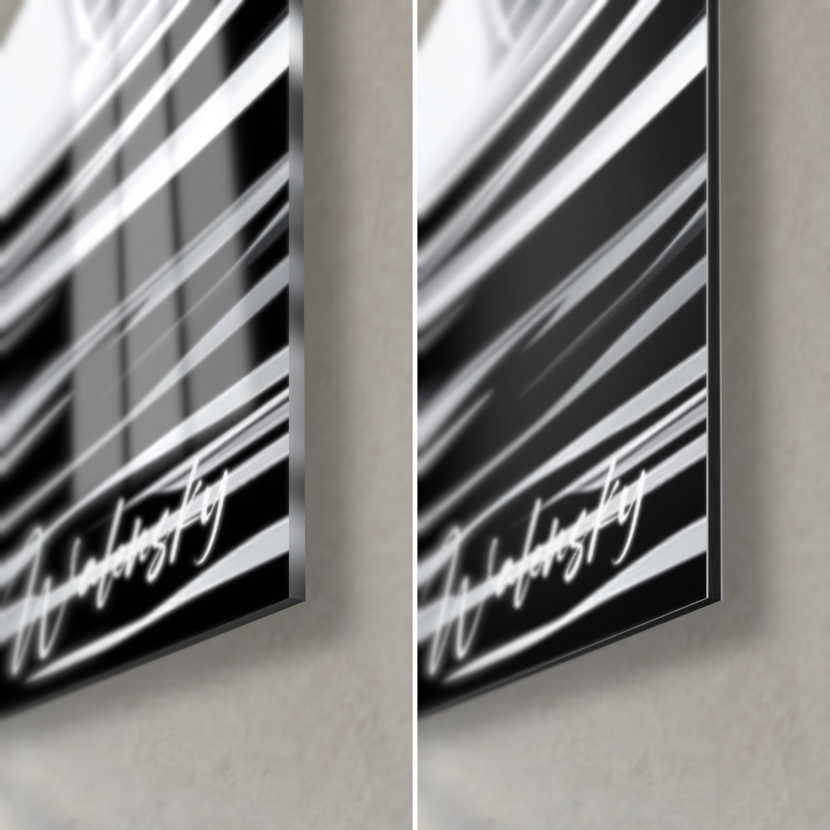 Tableau pingouin graphique, coin bas droit : reflets sur verre brillant, noir profond et blanc, Dibond mat, tranche 3 mm